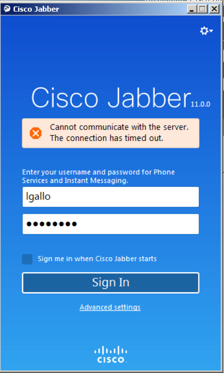 Cannot communicate with the server error at Cisco Jabber login