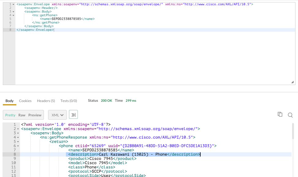 CUCM AXL SQL Query - Notice the XML response containing the details of the phone